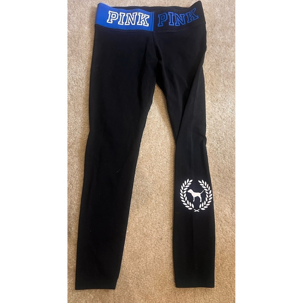 Victoria's Secret PINK Yoga Leggings Black Blue Logo Waistband‎ Dog Graphic Med